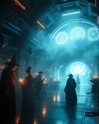 Immerse yourself in a futuristic sci-fi vision of a magical school, rendered in intense jet black and filled with young wizar