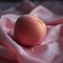This close-up ASMR image presents a blushing pink peach delicately resting on pastel pink silk, creating an eerie and unsettl