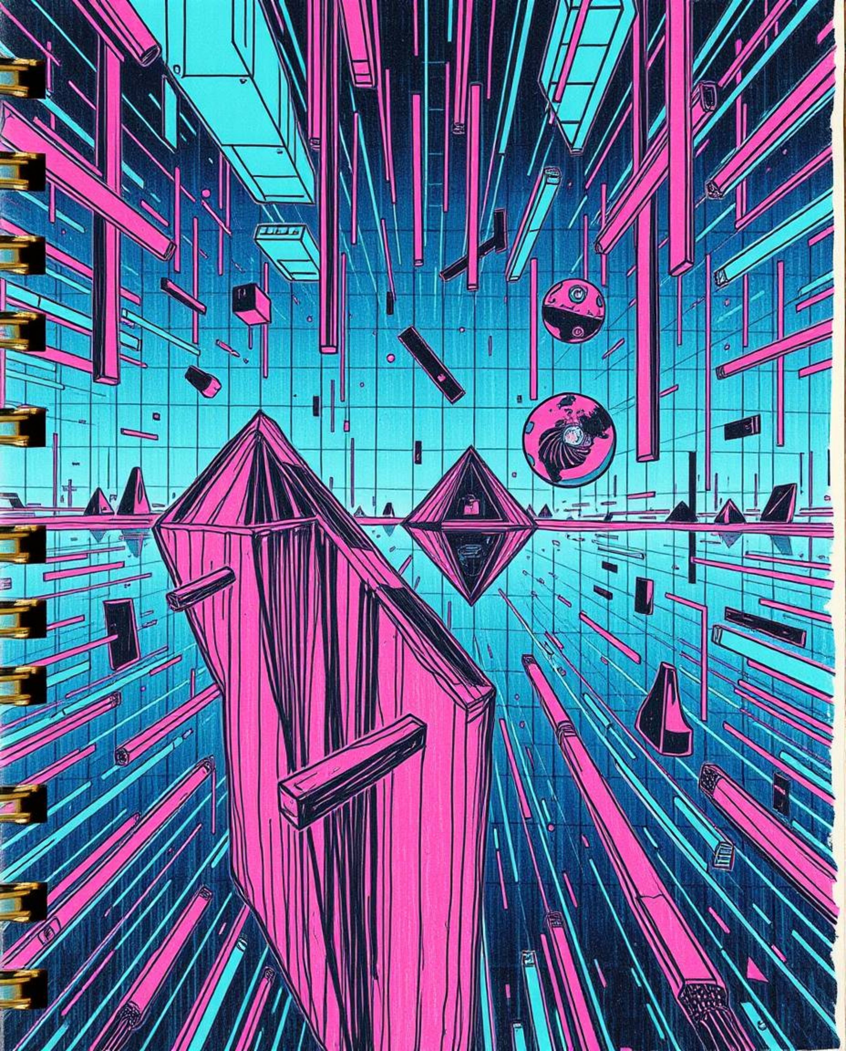 This hand-drawn sketchnote presents a surreal and otherworldly appearance, featuring glitched geometric shapes floating withi