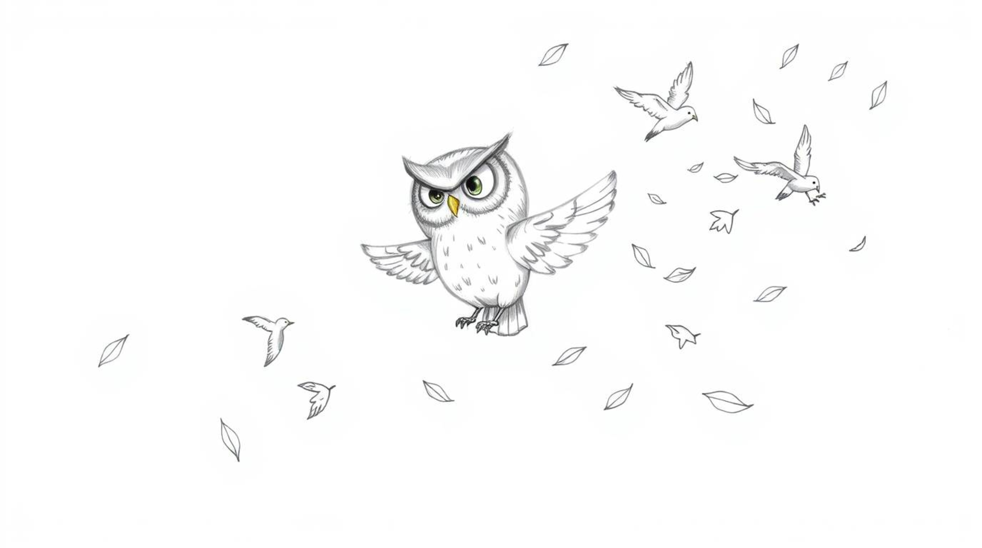 A heartwarming, hand-drawn pencil sketch reminiscent of Pixar's style, depicting a blind owl with kind, expressive eyes. The 