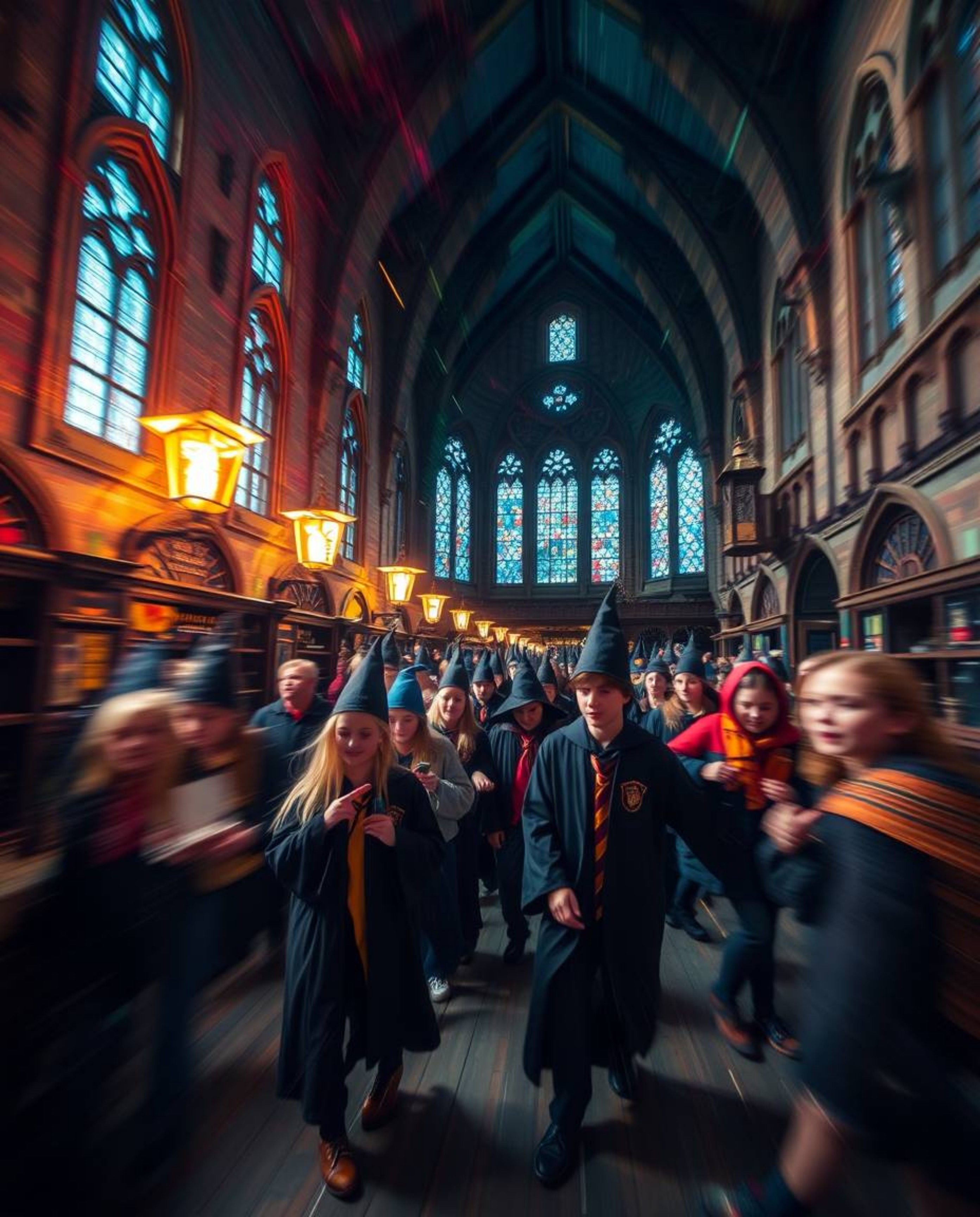 This long-exposure photograph captures the enchanting atmosphere of a magical school brimming with young wizards.  The image 