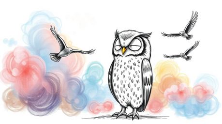 A heartwarming, hand-drawn sketch in the style of Pixar depicts a wise, blind owl with subtle wrinkles around its eyes.  Desp