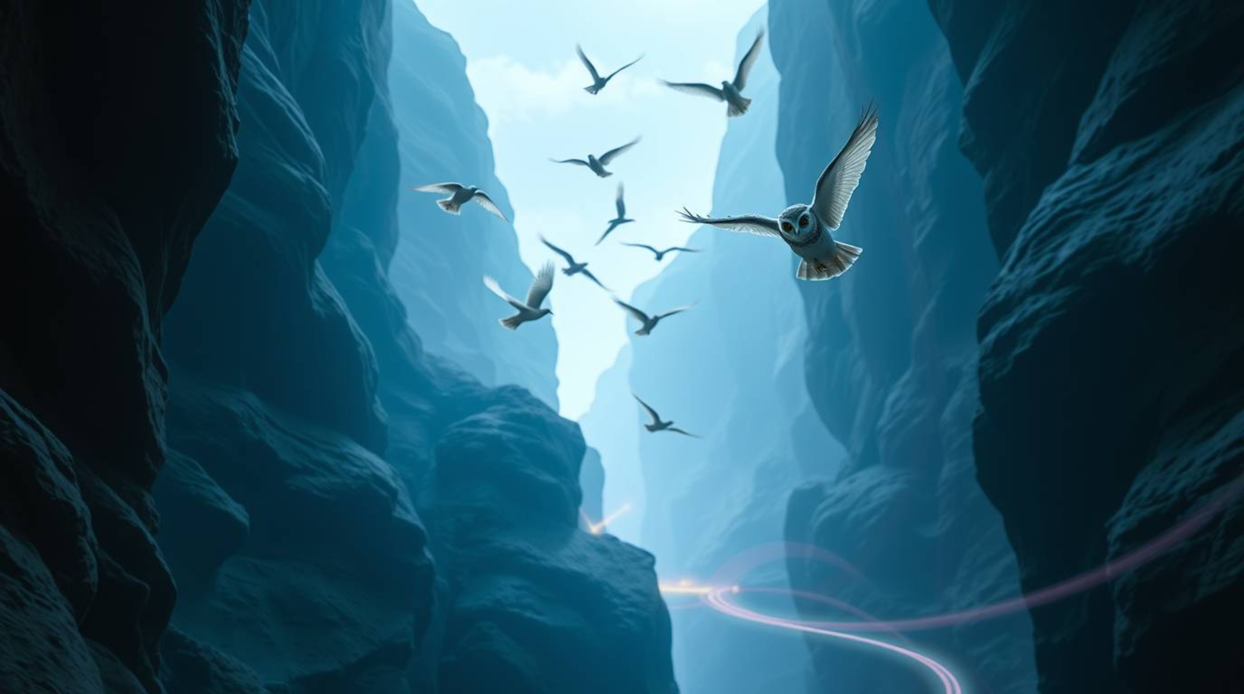 A captivating long exposure photograph depicts a blind owl, animated in the style of Pixar, gracefully teaching birds to fly 