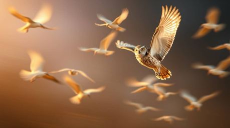 A heartwarming image depicting a blind owl in a Pixar-style animation, guiding birds to take flight through long exposure pho