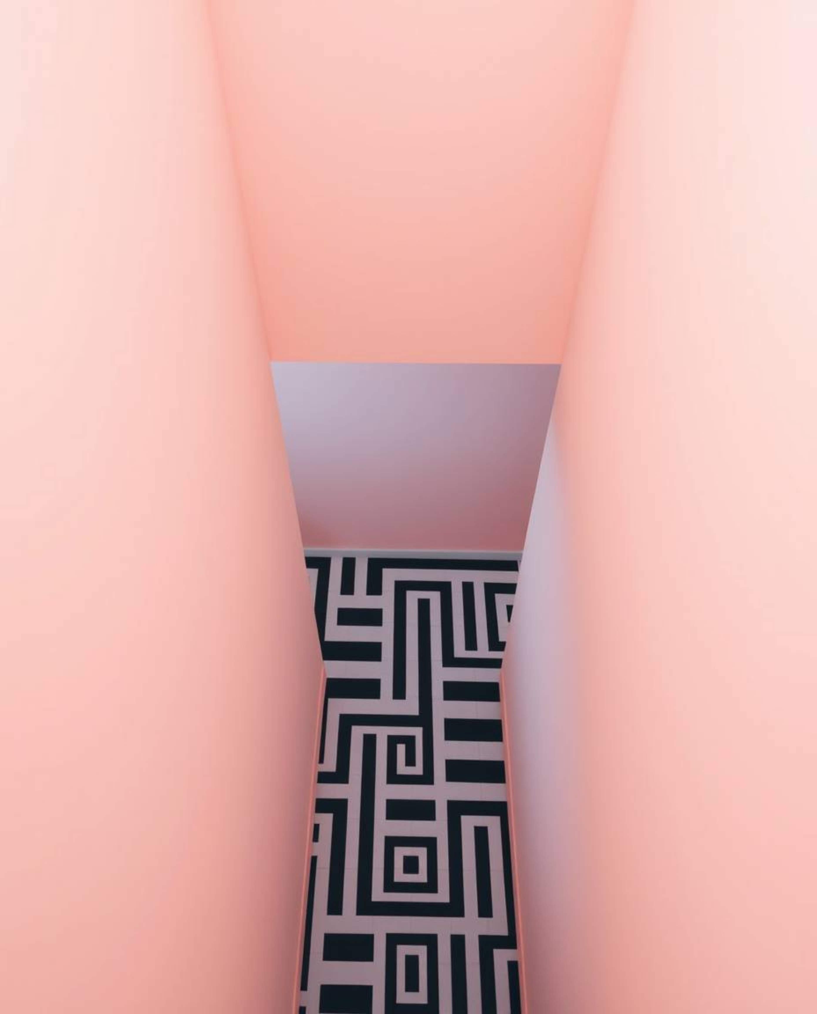 A high angle perspective image featuring a black and white geometric optical illusion pattern in a retro style, rendered with