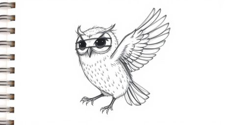 A whimsical, Pixar-esque hand-drawn sketch of a blind owl on a white background. This lightly textured owl, despite its blind