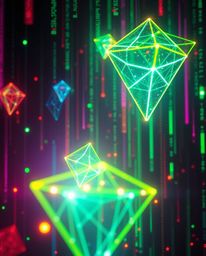 High-resolution stock photo featuring glowing bioluminescent colors and glitched geometric shapes floating in a cyberspace ma