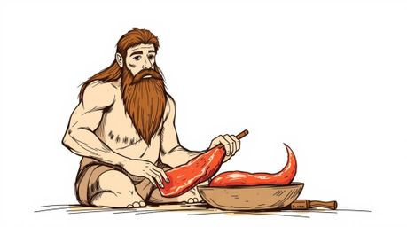 This elegant and graceful hand-drawn color sketchnote depicts a caveman cooking mammoth meat, featuring refined facial featur