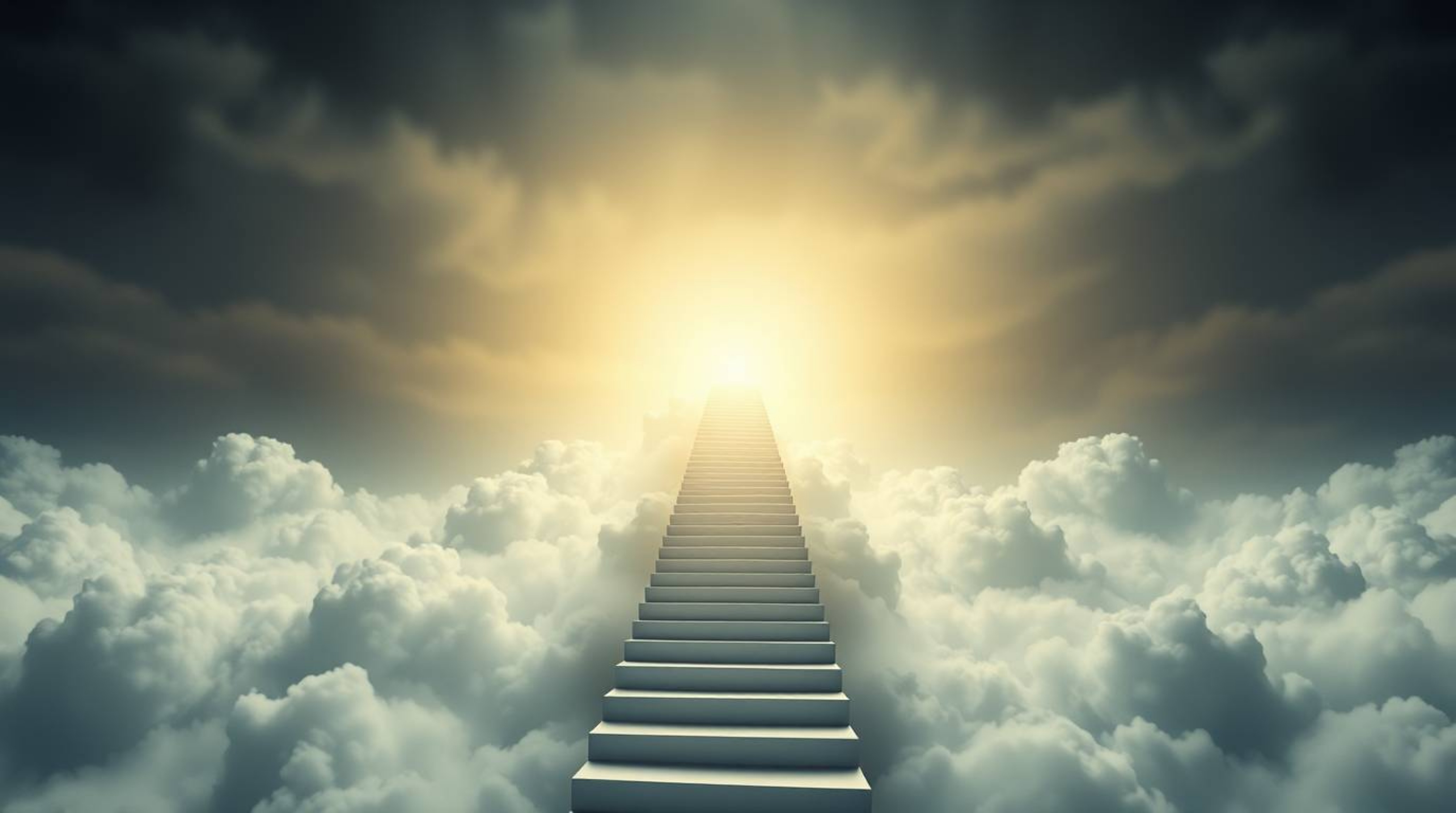 A mesmerizing image depicting a winding stairway crafted from smoke and light, ascending into a vast and cloudy sky, symboliz