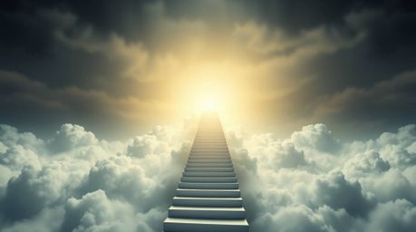 A mesmerizing image depicting a winding stairway crafted from smoke and light, ascending into a vast and cloudy sky, symboliz