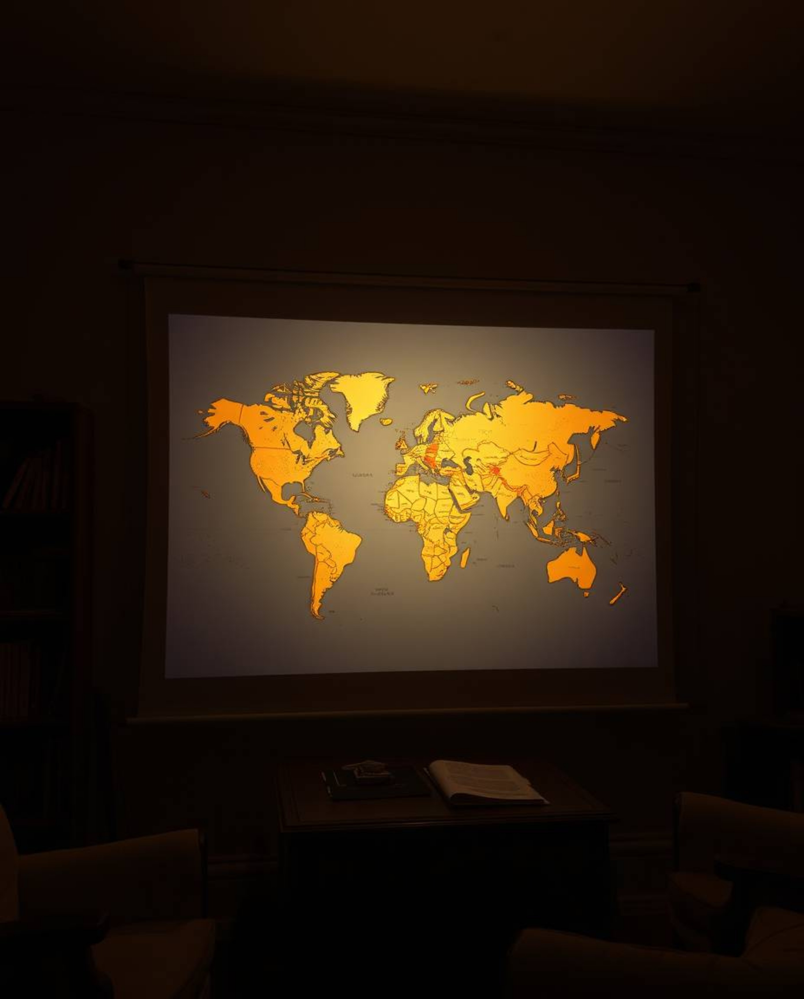 This photograph captures an unusual and charming glowing map projected in the air within an old study. The soft contrast and 