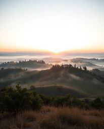 High-resolution stock photo: Tuscan sunset over misty rolling hills, commercial quality, charming and adorable features, warm