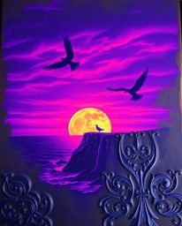 This artwork presents a bronze surface with an antique patina finish, depicting a sunset over a coastal cliff with soaring bi