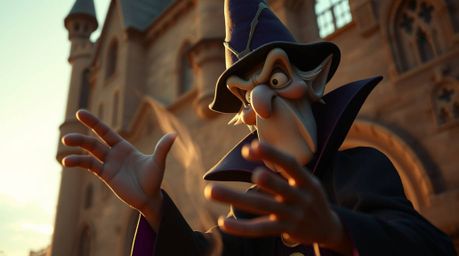 A captivating close-up reveals a classic Disney villain casting a spell within the warm, golden light of a majestic old castl