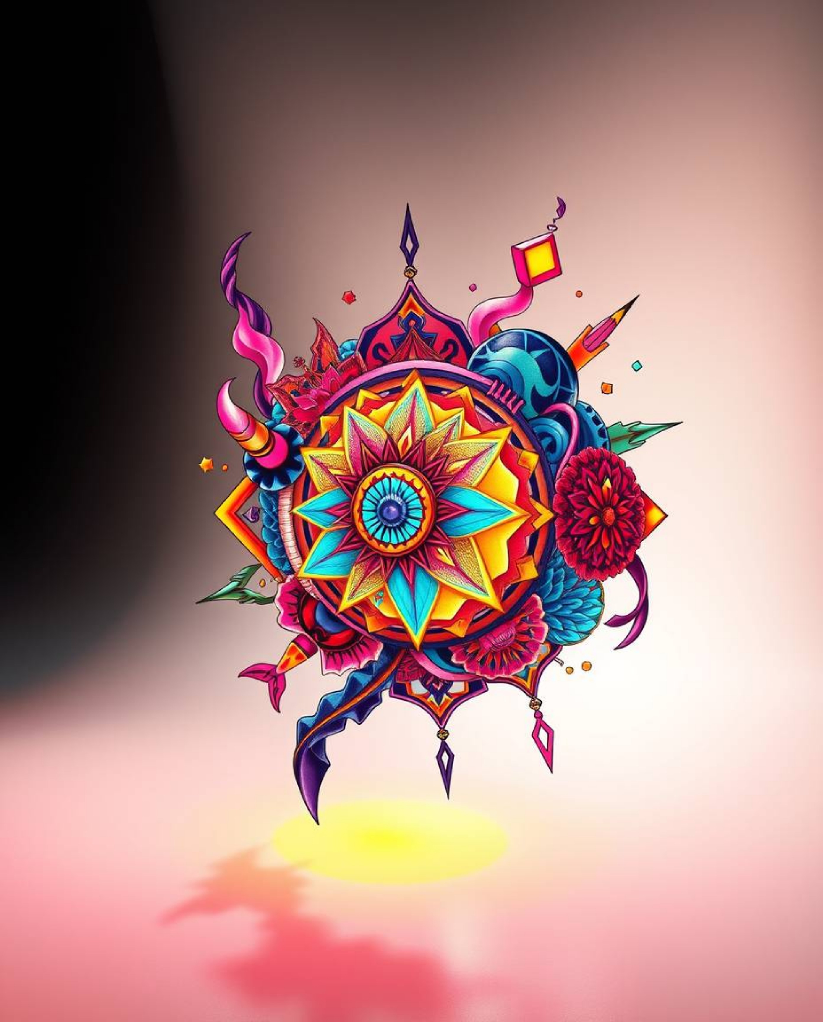 This artwork features bioluminescent colors illuminating a symbolic traditional tattoo art print composed of abstract 3D shap