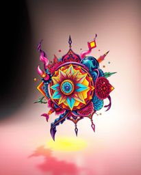 This artwork features bioluminescent colors illuminating a symbolic traditional tattoo art print composed of abstract 3D shap
