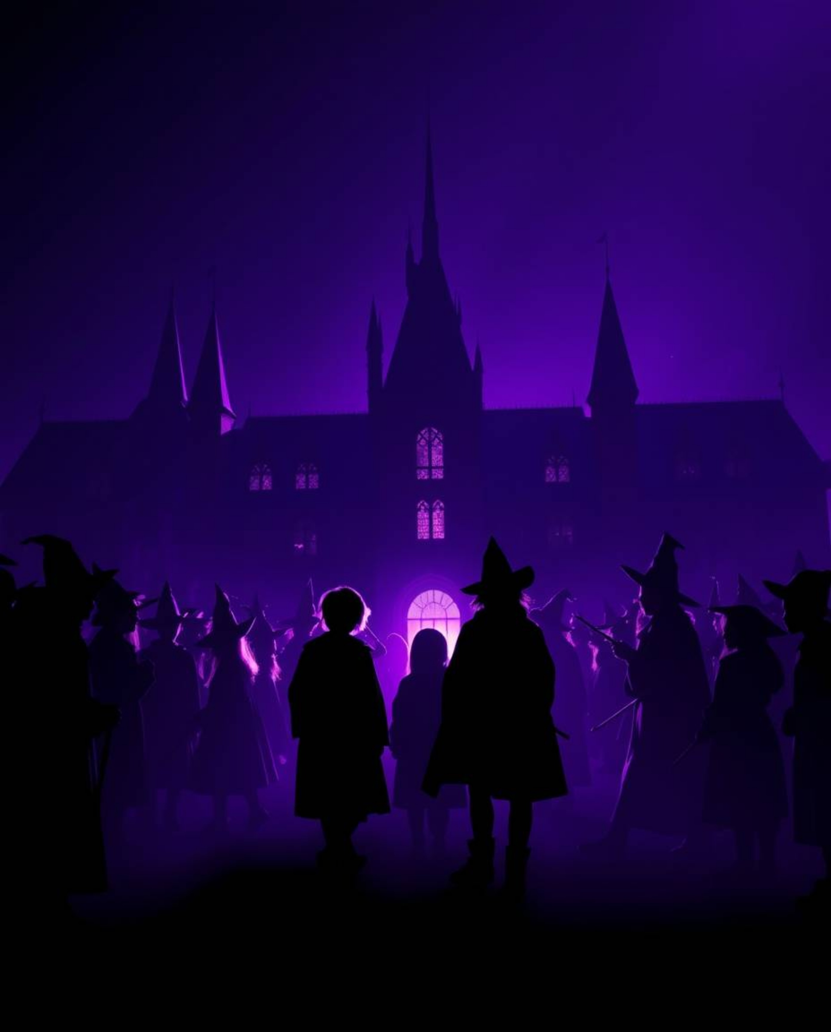 A captivating silhouette depicts a magical school teeming with young wizards, illuminated by deep ultraviolet hues. The scene