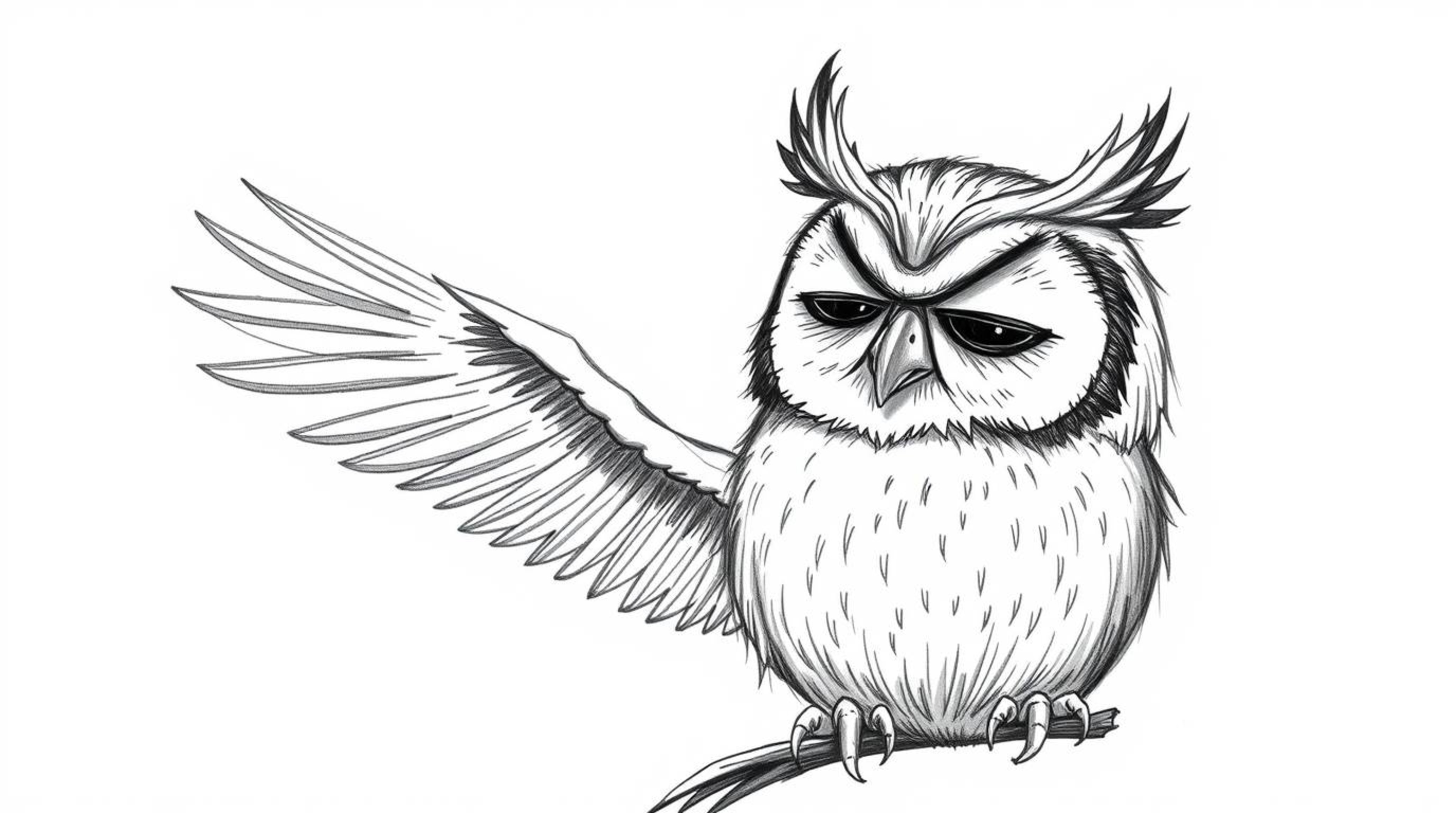 A Pixar-style, hand-drawn sketch depicting a blind owl with large, expressive features, teaching birds to fly using smell, so