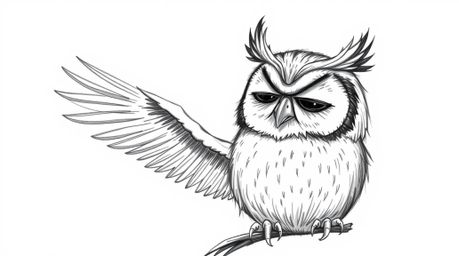 A Pixar-style, hand-drawn sketch depicting a blind owl with large, expressive features, teaching birds to fly using smell, so