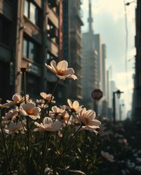 A captivating image depicting a soft, dreamy atmosphere of flowers blooming amidst the ruins of a post-apocalyptic city.  The