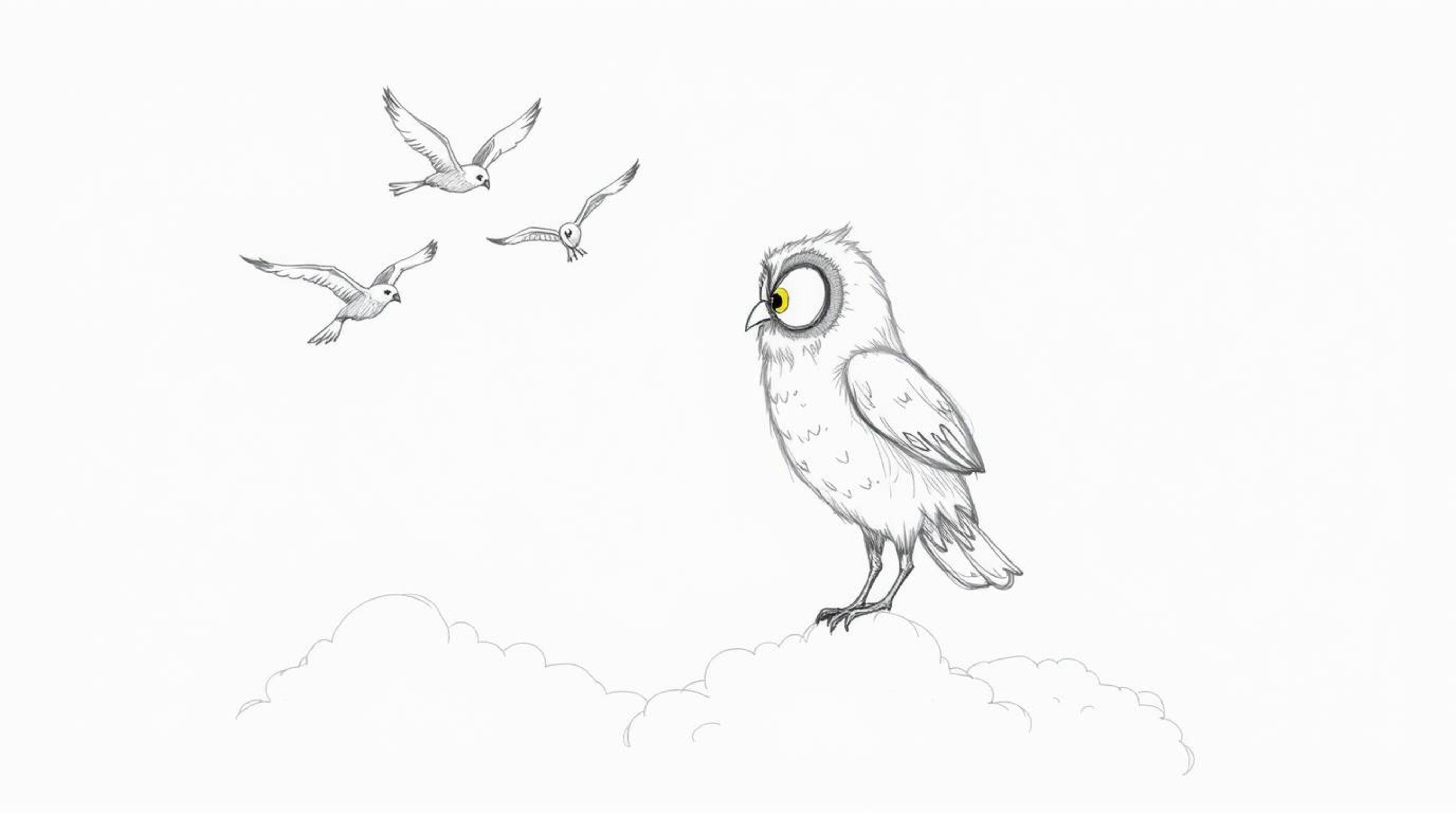 A heartwarming hand-drawn sketch in the style of Pixar depicts a blind owl with soft, feathery textures, teaching a flock of 