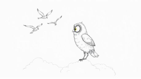 A heartwarming hand-drawn sketch in the style of Pixar depicts a blind owl with soft, feathery textures, teaching a flock of 
