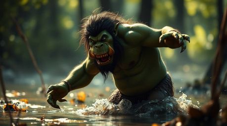 A captivating image depicts a vibrant green-skinned ogre with prominent tusks and wild hair, passionately dancing in a swampy