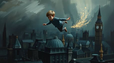 A captivating oil painting depicts a young boy soaring above a dark London cityscape, sprinkled with pixie dust.  The artist'