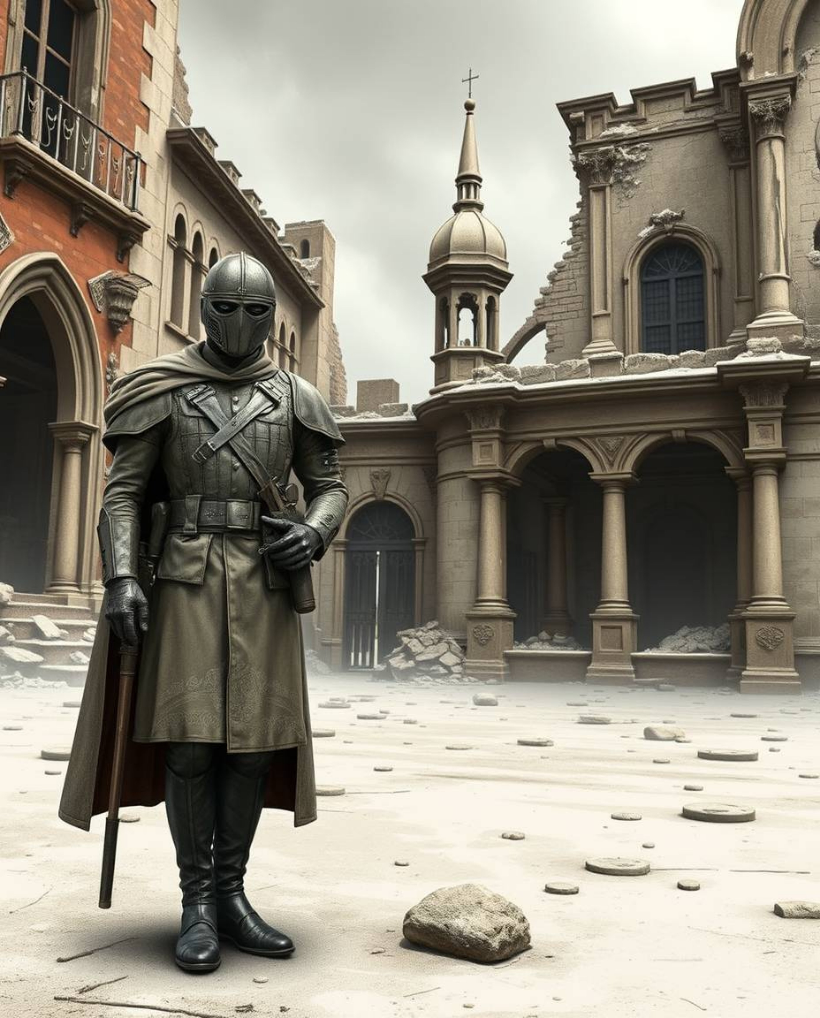 This captivating artwork depicts a battlefield where time-warped soldiers and crumbling buildings surprisingly exude elegance