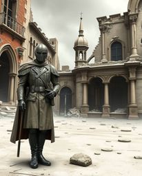 This captivating artwork depicts a battlefield where time-warped soldiers and crumbling buildings surprisingly exude elegance