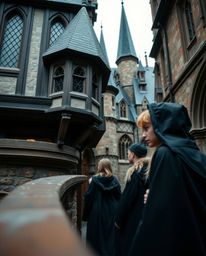 Capture the enchanting essence of a magical school through tight close-up architectural color photography, highlighting the d
