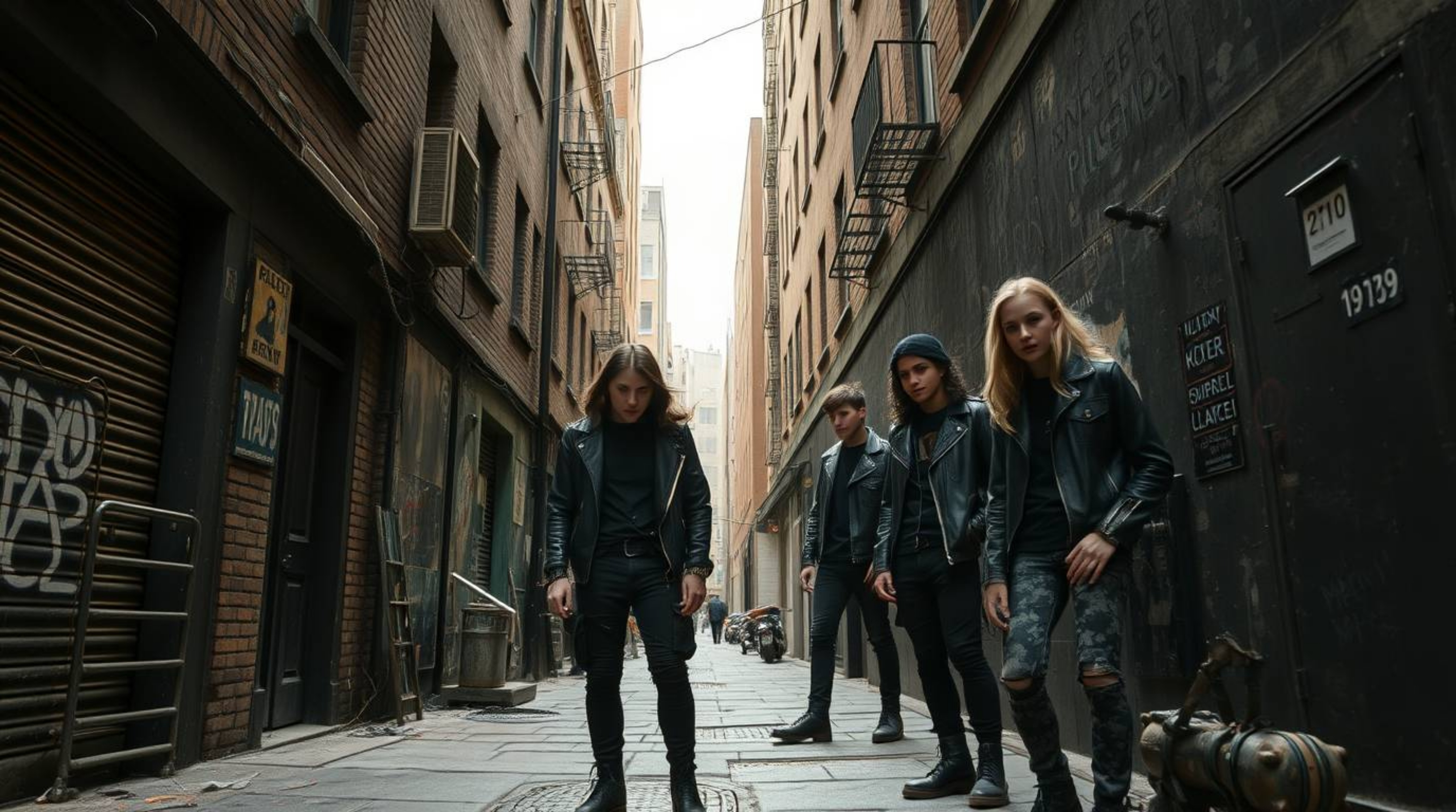 A captivating digital artwork depicting a grungy city alley teeming with rebellious teens.  Rendered in a strong, moody style