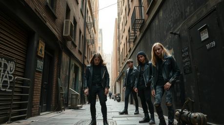 A captivating digital artwork depicting a grungy city alley teeming with rebellious teens.  Rendered in a strong, moody style