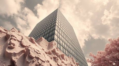 A surreal infrared image captures a modern glass building dissolving into the sky, sculpted from clay in a detailed close-up.