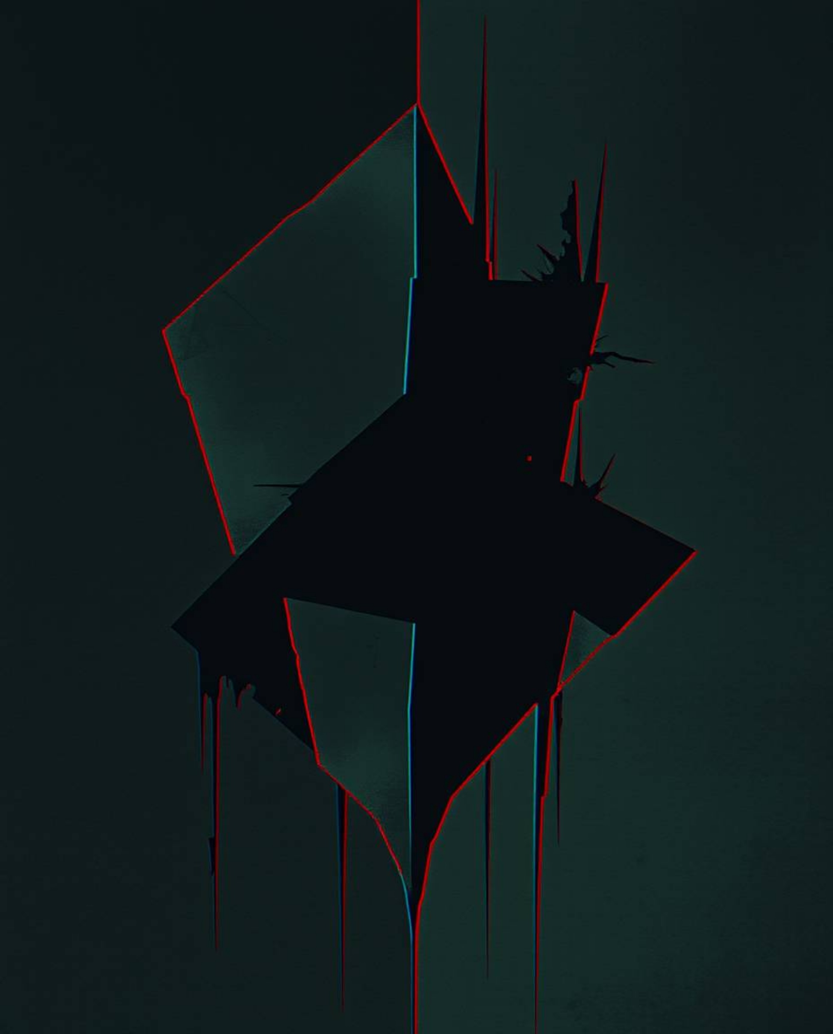 This artwork features fragmented and glitching abstract shapes rendered in dark tones, creating an unsettling and eerie atmos