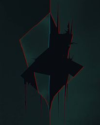 This artwork features fragmented and glitching abstract shapes rendered in dark tones, creating an unsettling and eerie atmos