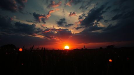 Witness a breathtaking surreal sunset over a tranquil meadow as fireflies begin to emerge.  The scene is bathed in dramatic c
