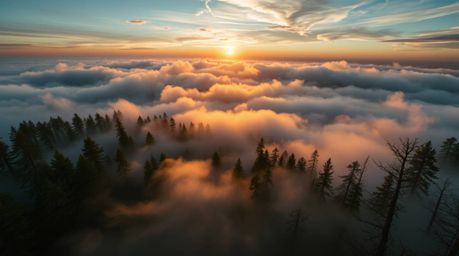 Experience a dreamlike high-angle perspective of a forest bathed in the golden hour light, with iridescent colors shimmering 