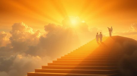 A dreamlike and peaceful scene unfolds with a warm golden glow, featuring steps of light ascending into a cloudy sky. Angelic