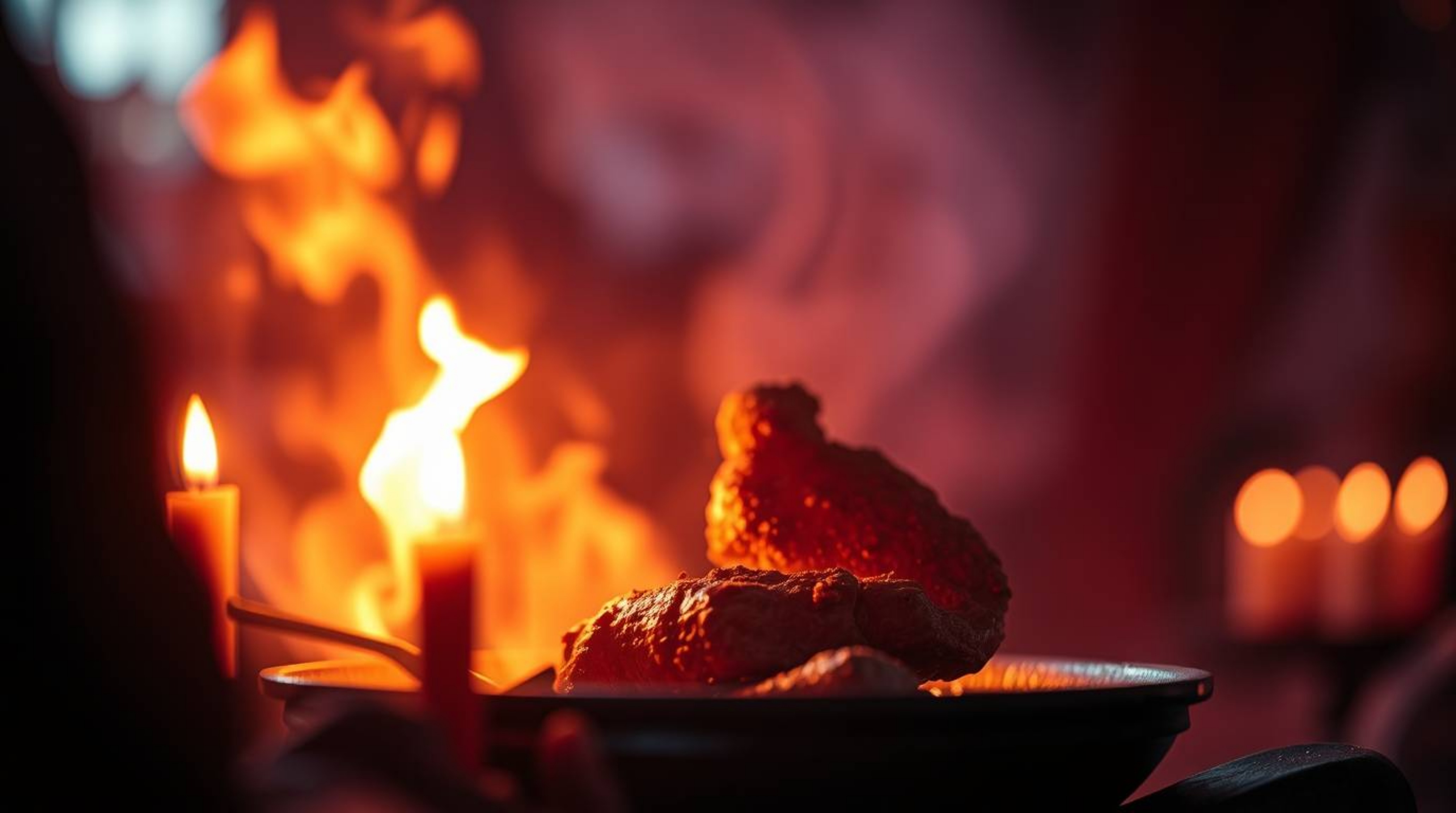 Experience a surreal and otherworldly scene featuring a caveman skillfully cooking mammoth meat illuminated by warm candlelig