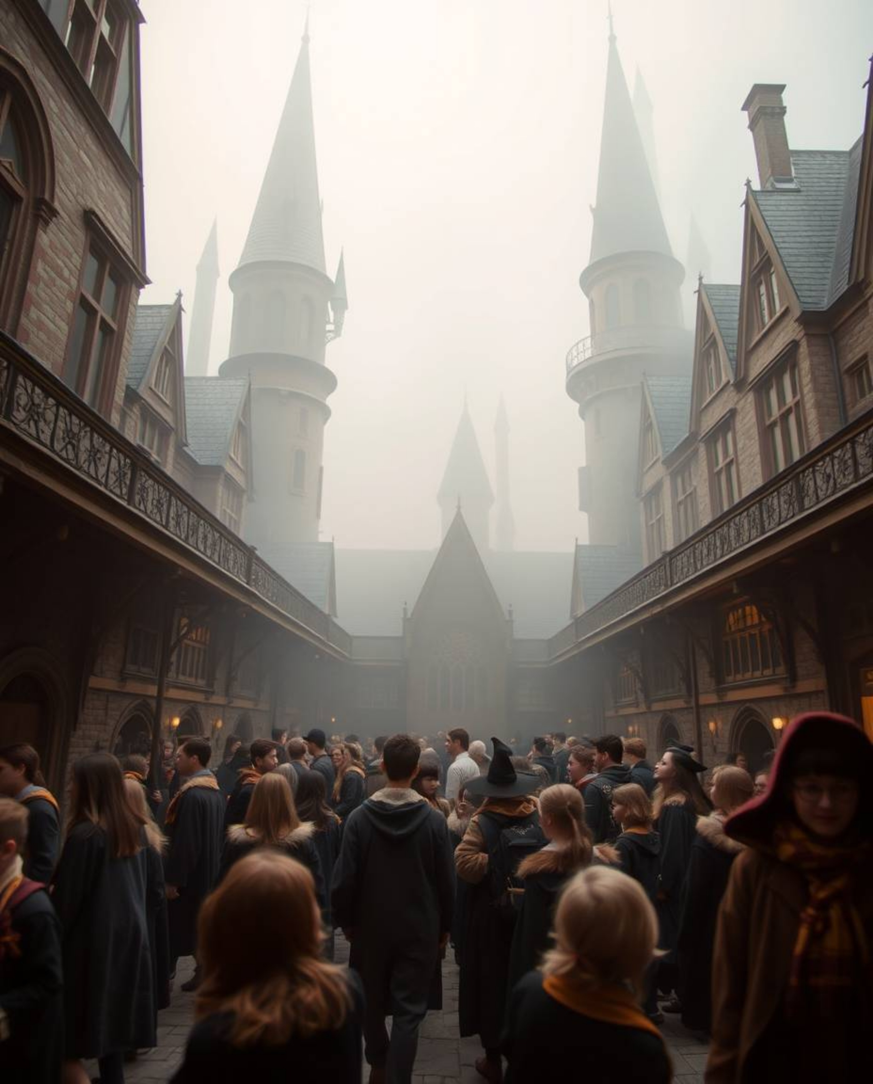 Explore a magical school teeming with young wizards in this captivating photograph. Sharp architectural details contrast beau