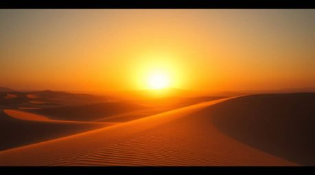 Experience the breathtaking beauty of a desert sunset with golden dunes, captured in a dramatic cinematic style. This image u