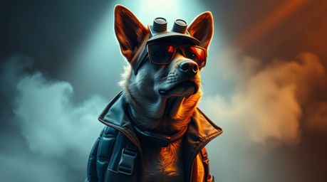 A photorealistic depiction of a dog detective, equipped with cutting-edge high-tech gadgets, standing in a scene bathed in vo