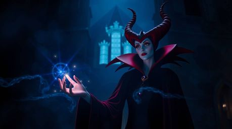 A captivating image of a classic Disney villain casting a spell within an ancient castle. The scene is imbued with an ethere