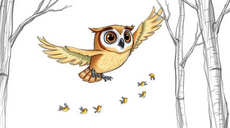 A heartwarming hand-drawn sketch in the style of Pixar depicts a wise, blind owl gliding gracefully between trees.  With larg