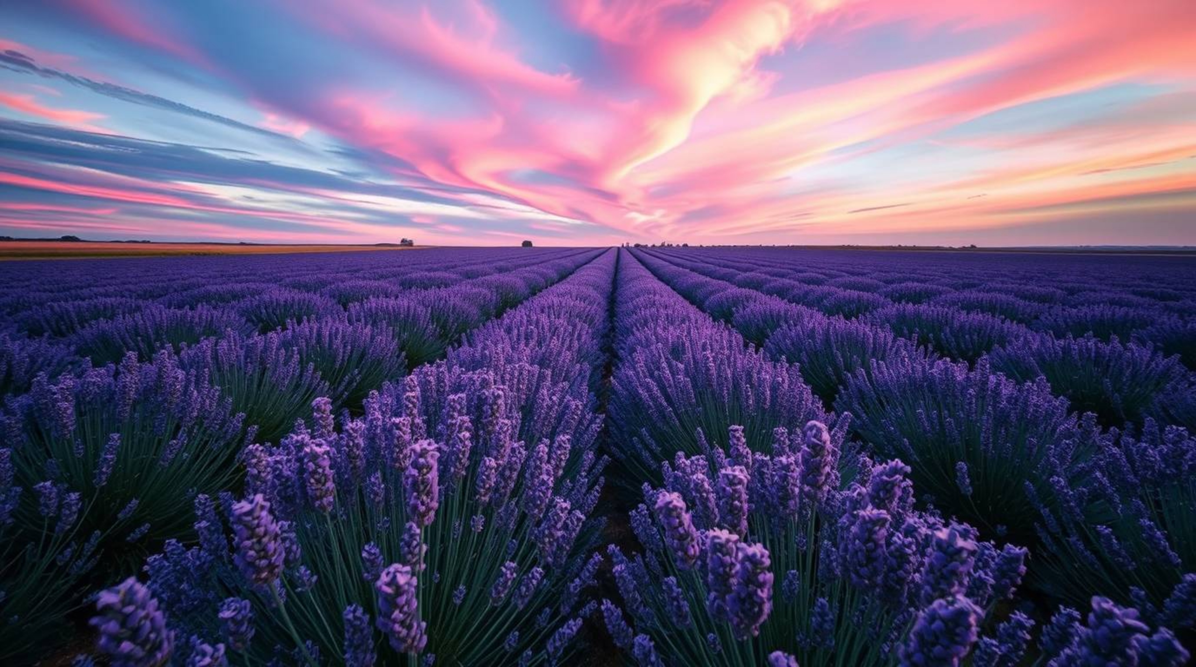 Experience the breathtaking beauty of lavender fields bathed in the soft glow of a dreamy pink sky, captured from a high-angl