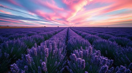 Experience the breathtaking beauty of lavender fields bathed in the soft glow of a dreamy pink sky, captured from a high-angl