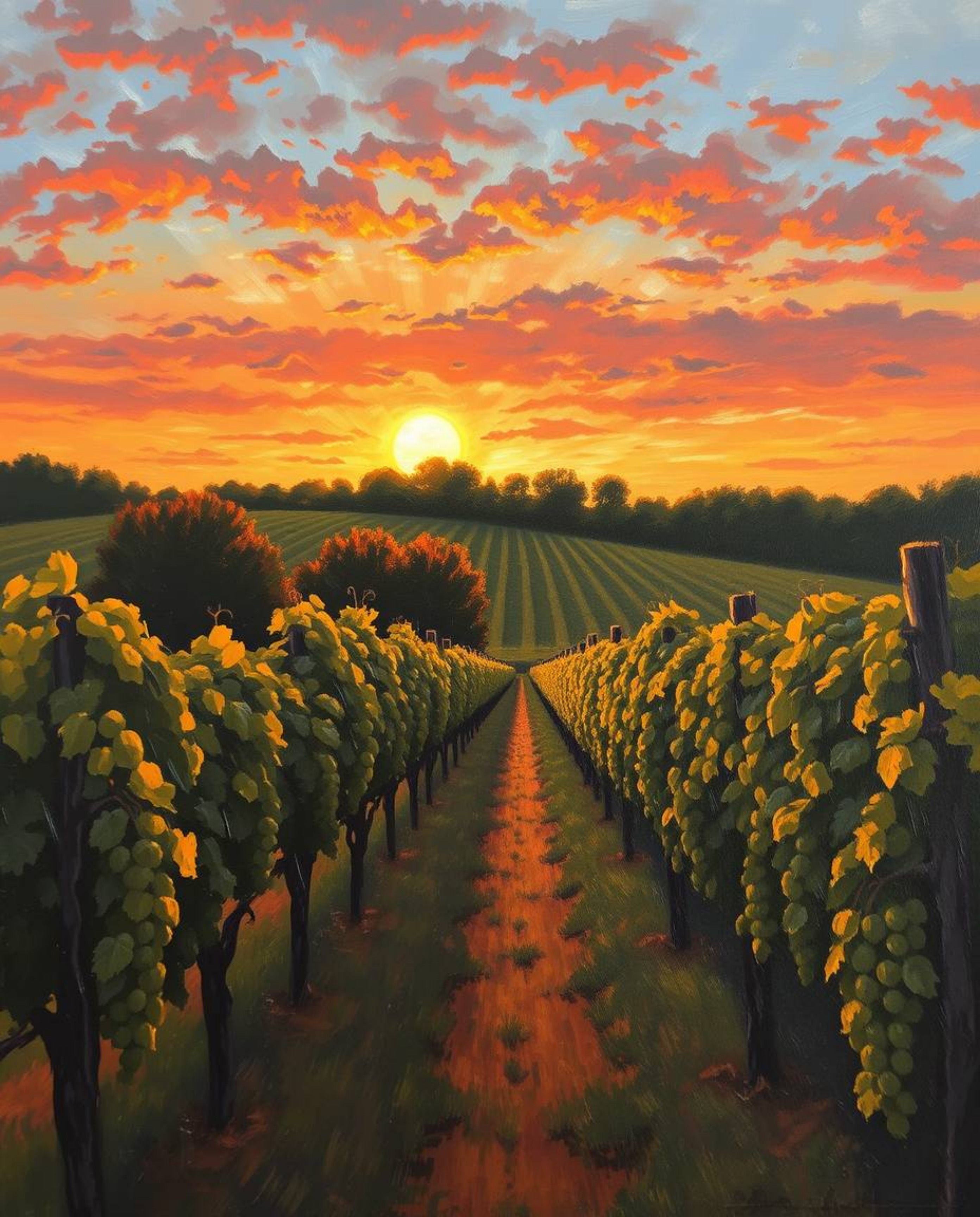 This is a classic oil painting that captures the timeless beauty of a sunset over a vineyard. The artwork is rich with textur
