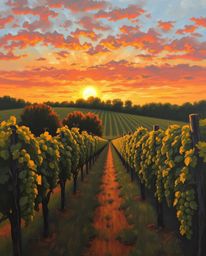 This is a classic oil painting that captures the timeless beauty of a sunset over a vineyard. The artwork is rich with textur