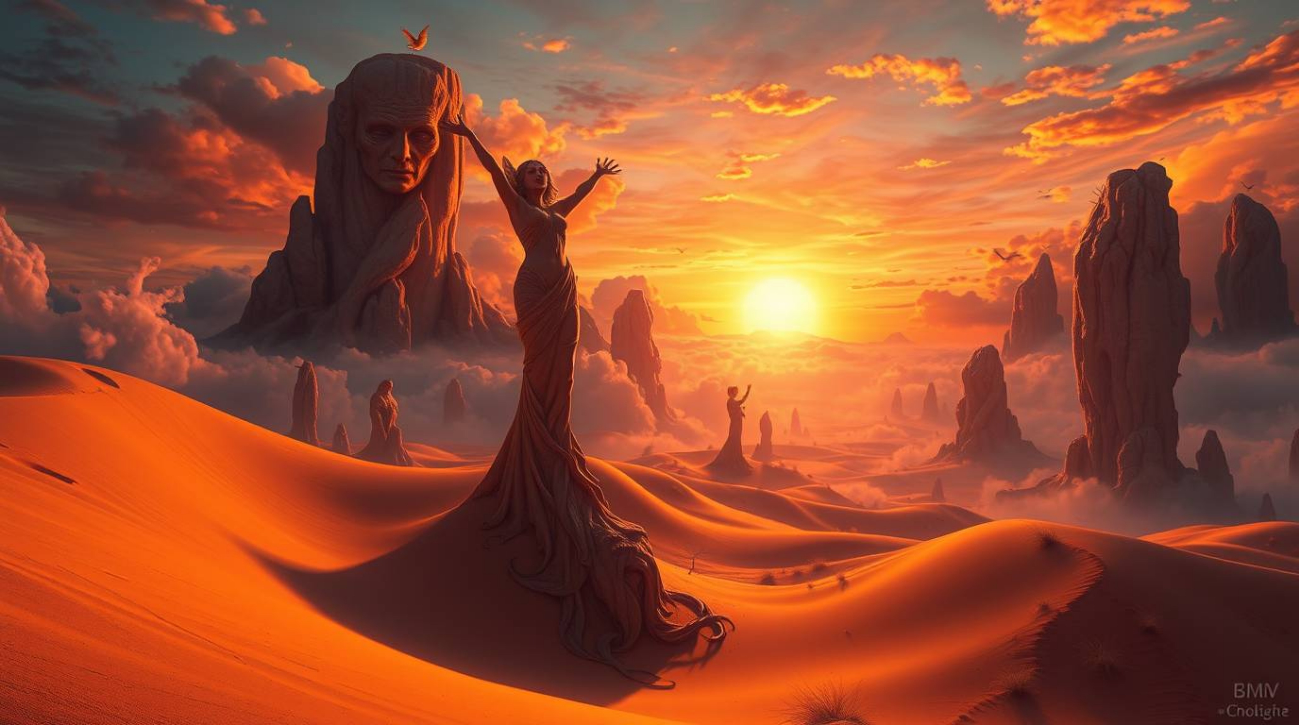 Experience a dreamlike, surreal sunset over golden dunes.  This imaginative landscape features bizarre scenes, graceful forms